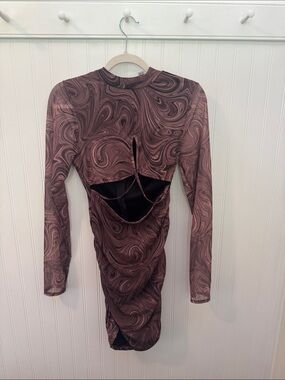 Swirl-Print Long Sleeve Cutout Bodycon Dress - Brown Swirl